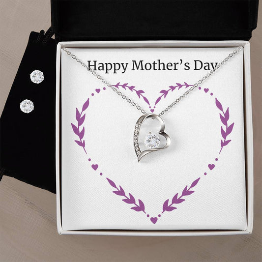 Forever Love Necklace and Cubic Zirconia Earring Set Happy Mother's Day Purple Heart