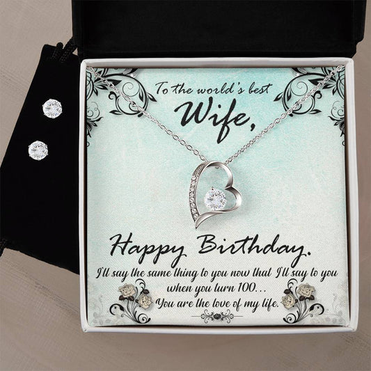 Forever Love Necklace and Cubic Zirconia Earring Set To the world's best Wife, Happy Birthday