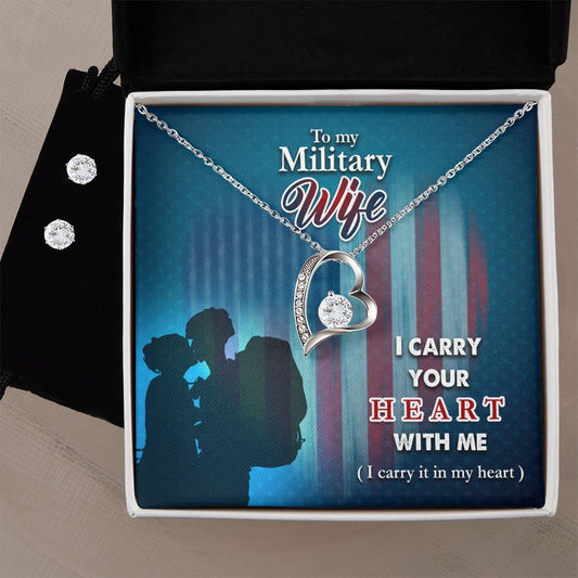 Forever Love Necklace and Cubic Zirconia Earring Set I carry your heart- Military Wife