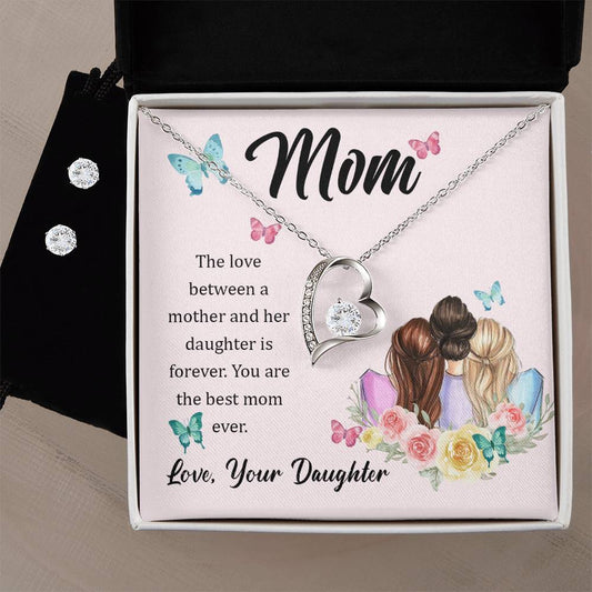 Forever Love Necklace and Cubic Zirconia Earring Set Mom, The love between a mother and her daughter is forever