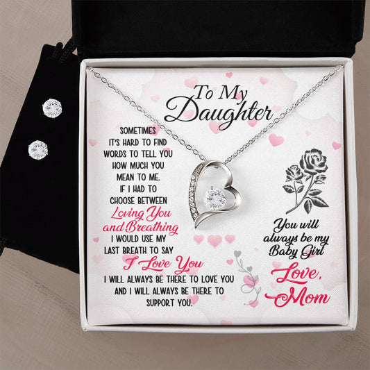 Forever Love Necklace and Cubic Zirconia Earring Set To Daughter Loving and Breathing