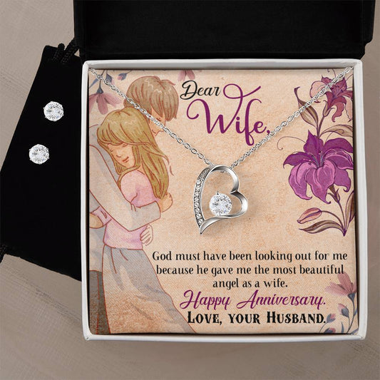 Forever Love Necklace and Cubic Zirconia Earring Set Happy Anniversary Dear Wife