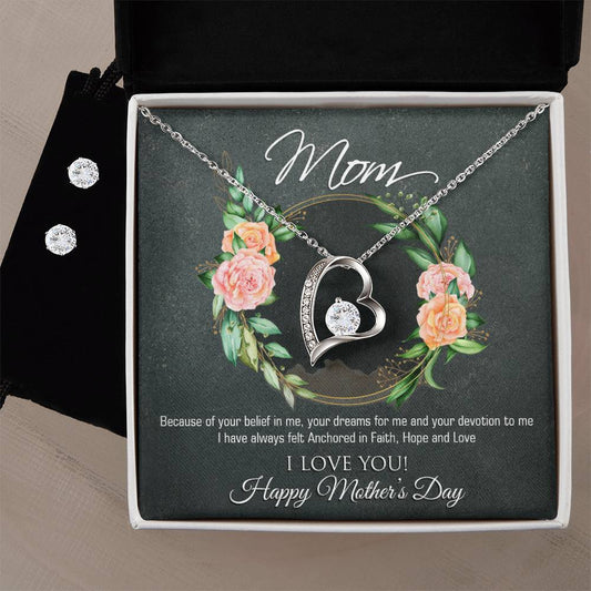 Forever Love Necklace and Cubic Zirconia Earring Set Mom, Happy Mothers Day