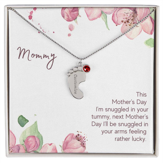 Custom Baby Feet Necklace with Birthstone Mommy to be - Snuggled in Your tummy