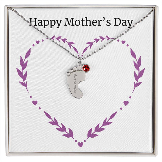 Custom Baby Feet Necklace with Birthstone Happy Mother's Day Purple Heart