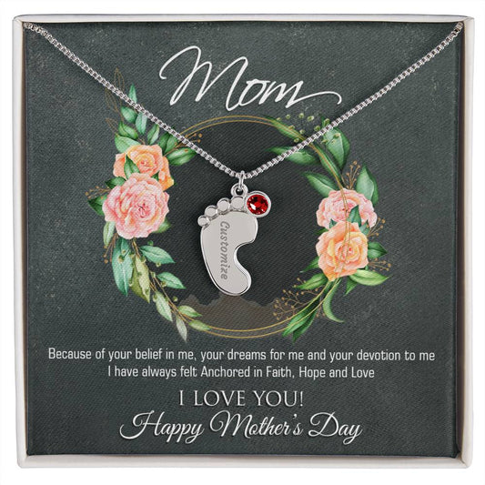 Custom Baby Feet Necklace with Birthstone Mom, Happy Mothers Day