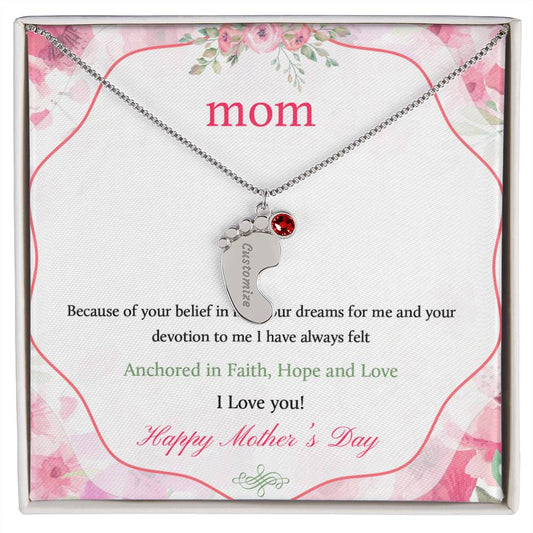 Custom Baby Feet Necklace with Birthstone Mom Happy Mother's Day