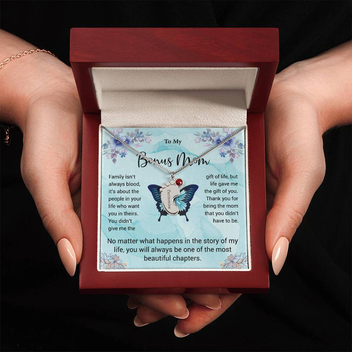 Custom Baby Feet Necklace with Birthstone To My Bonus Mom2