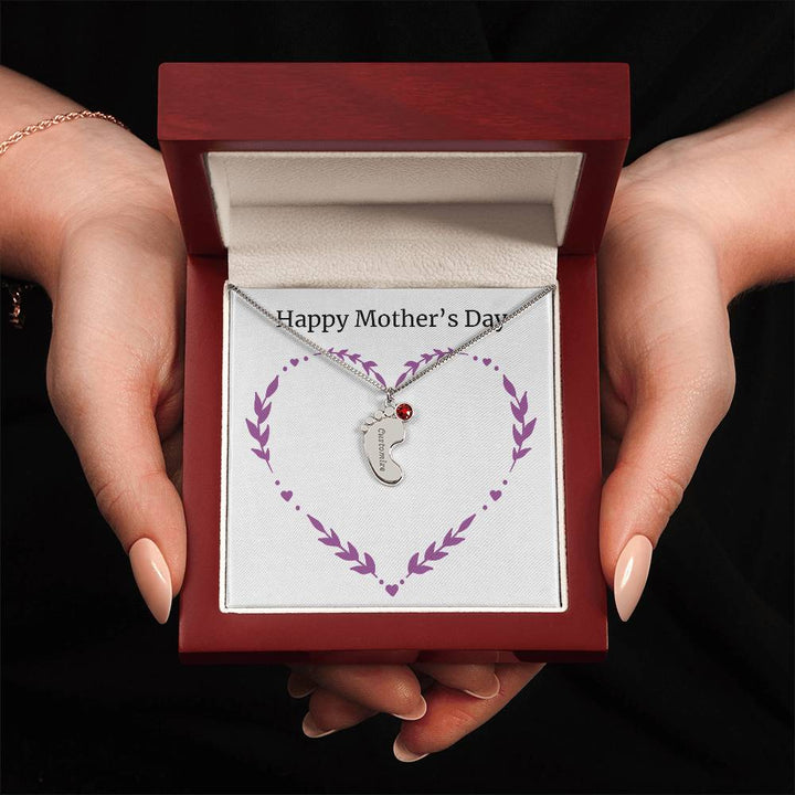 Custom Baby Feet Necklace with Birthstone Happy Mother's Day Purple Heart