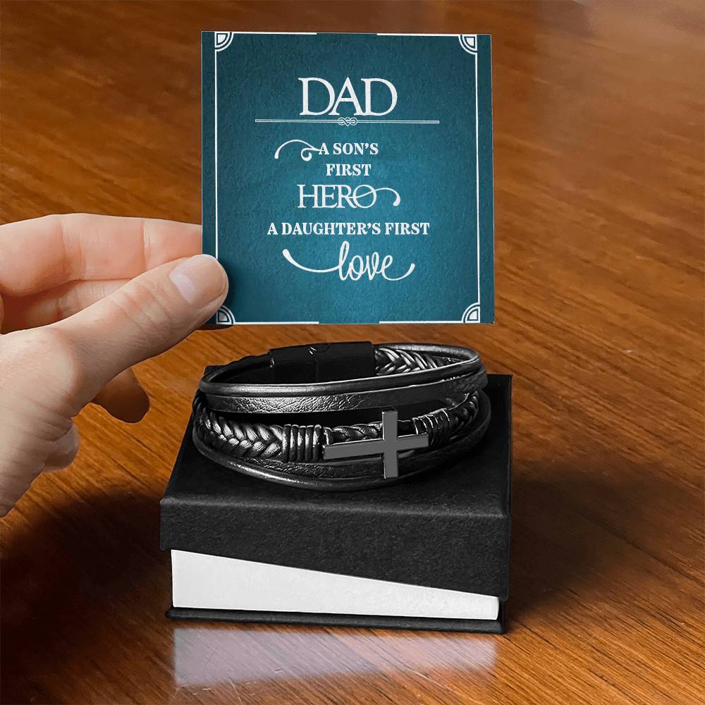 Men's Cross Leather Bracelet, Dad a sons first Hero