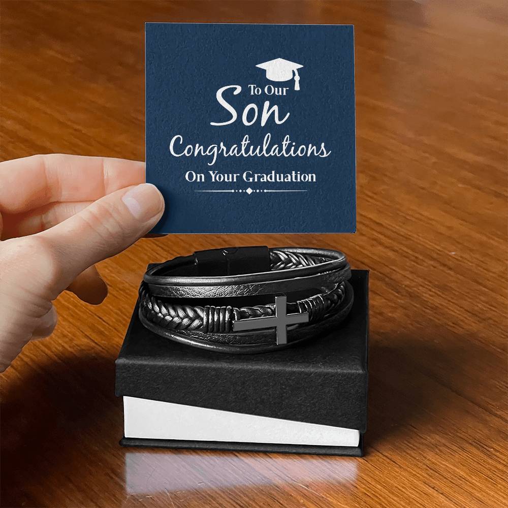 Men's Cross Leather Bracelet, To our son congratulations on your graduation