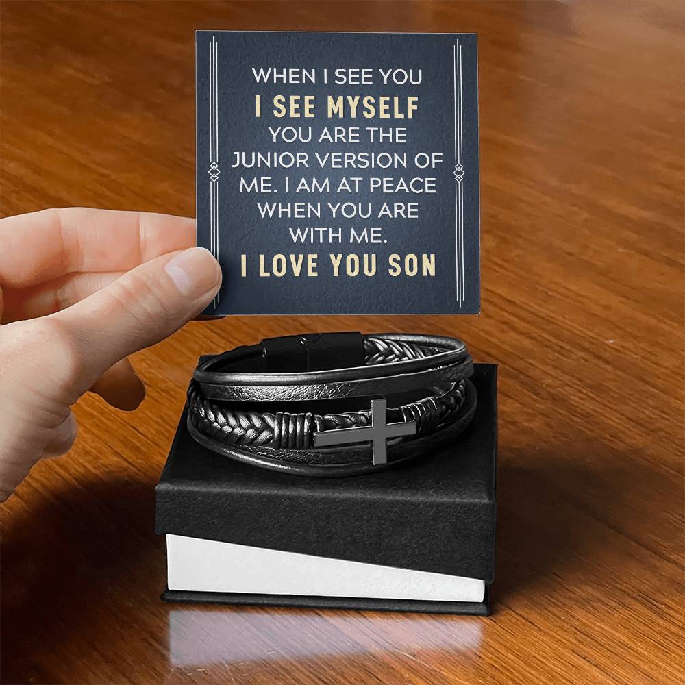 Men's Cross Leather Bracelet, To my son-When I see you