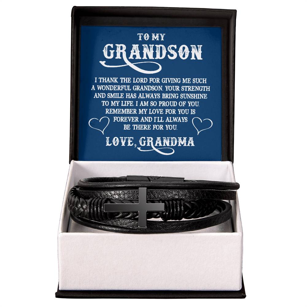 Men's Cross Leather Bracelet, To My Grandson - I thank The LORD for giving me such