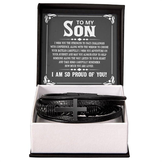 Men's Cross Leather Bracelet, To My Son - I wish you the strength to face challenges