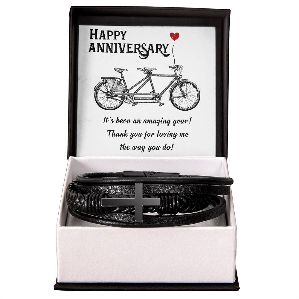 Men's Cross Leather Bracelet, Happy Anniversary