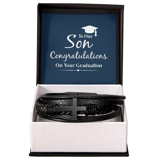 Men's Cross Leather Bracelet, To our son congratulations on your graduation