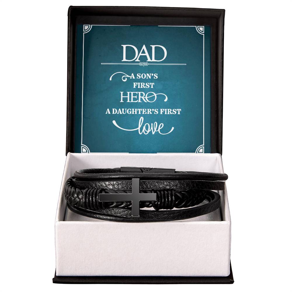 Men's Cross Leather Bracelet, Dad a sons first Hero