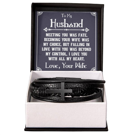 Men's Cross Leather Bracelet, To My Husband - Meeting you was fate