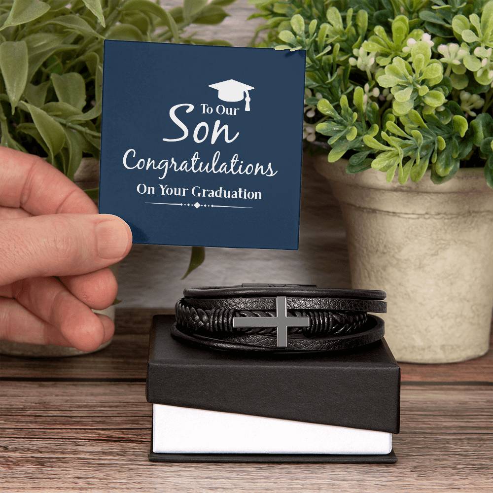 Men's Cross Leather Bracelet, To our son congratulations on your graduation