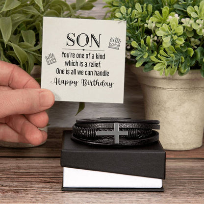 Men's Cross Leather Bracelet, Son - you're one of a kind