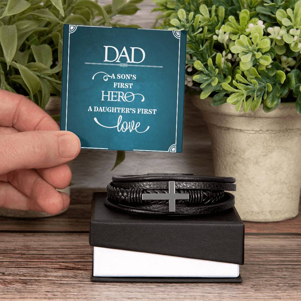 Men's Cross Leather Bracelet, Dad a sons first Hero