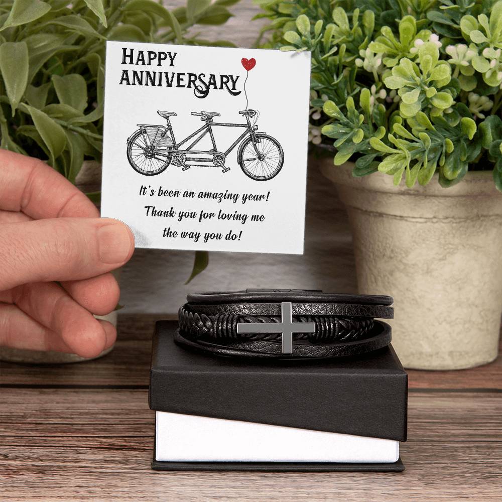 Men's Cross Leather Bracelet, Happy Anniversary