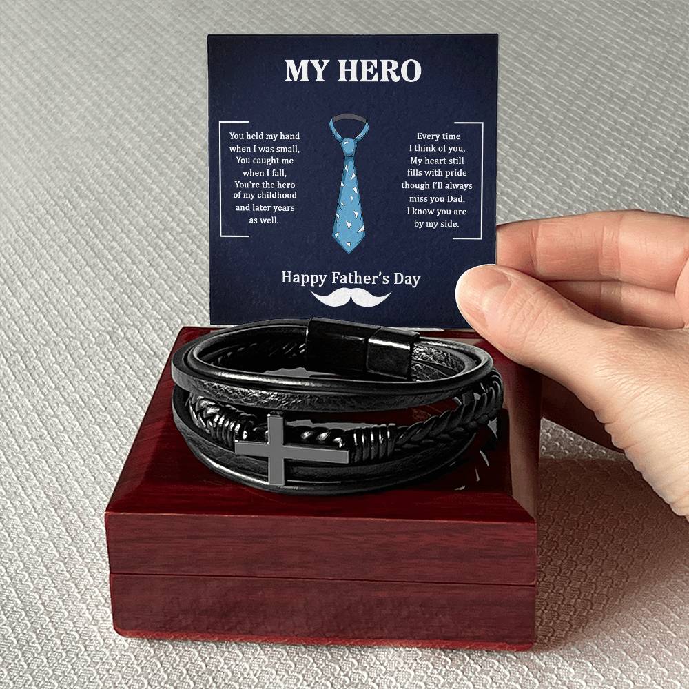 Men's Cross Leather Bracelet, Dad my Hero