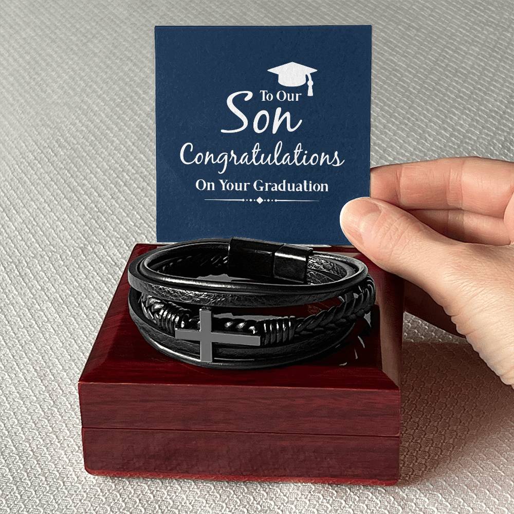 Men's Cross Leather Bracelet, To our son congratulations on your graduation