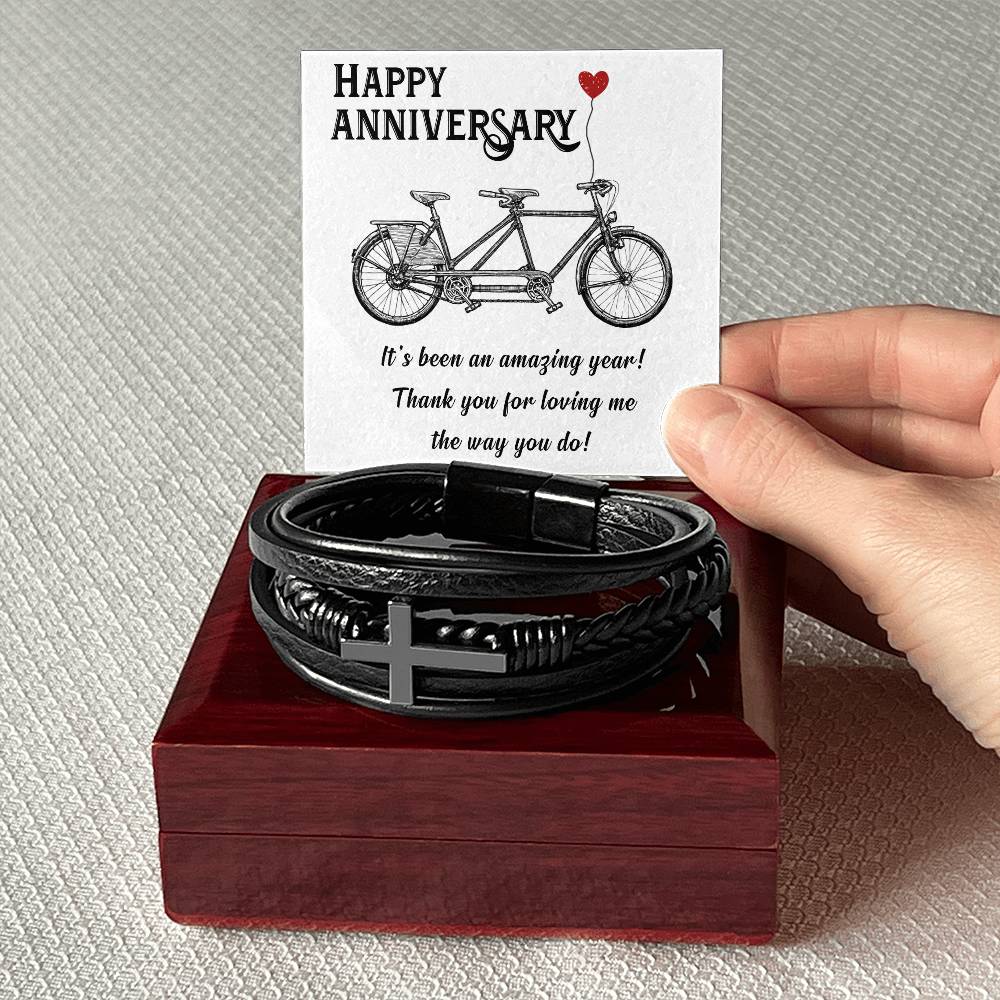 Men's Cross Leather Bracelet, Happy Anniversary