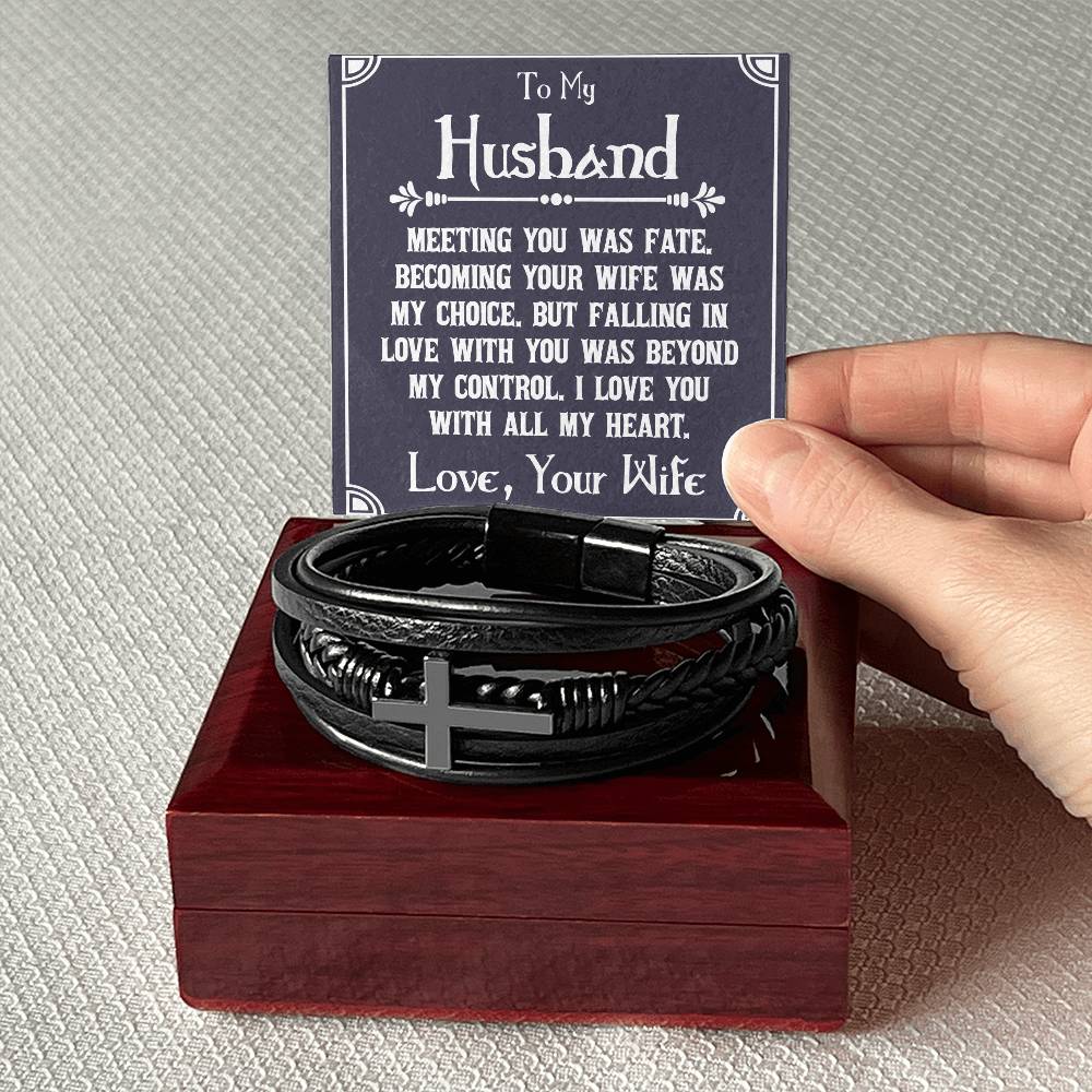 Men's Cross Leather Bracelet, To My Husband - Meeting you was fate