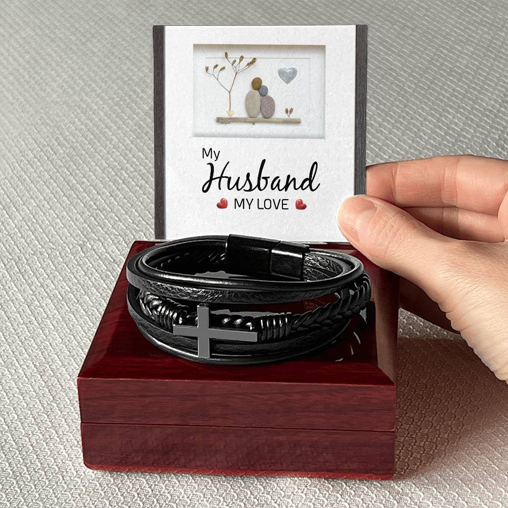 Men's Cross Leather Bracelet, My Husband my Love