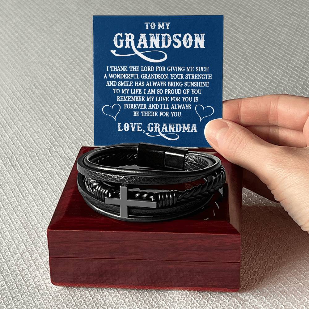 Men's Cross Leather Bracelet, To My Grandson - I thank The LORD for giving me such