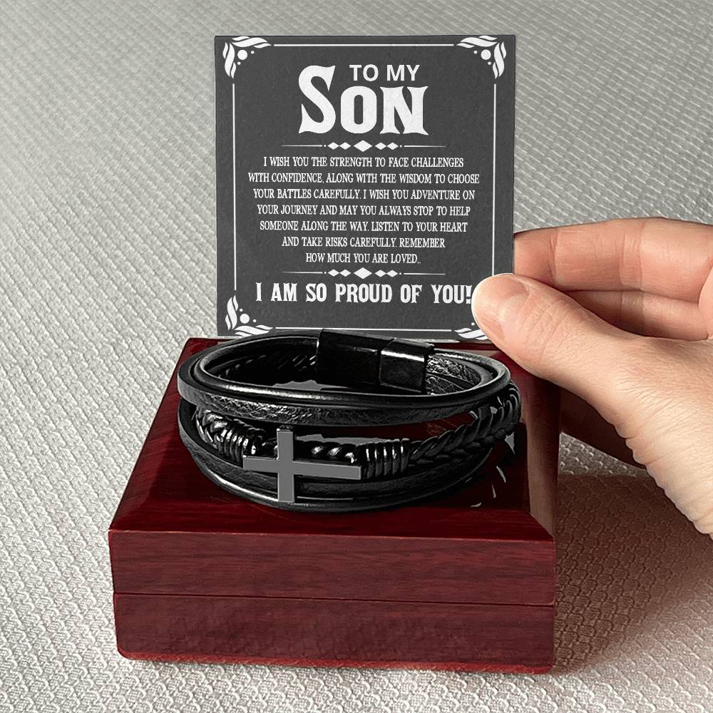 Men's Cross Leather Bracelet, To My Son - I wish you the strength to face challenges