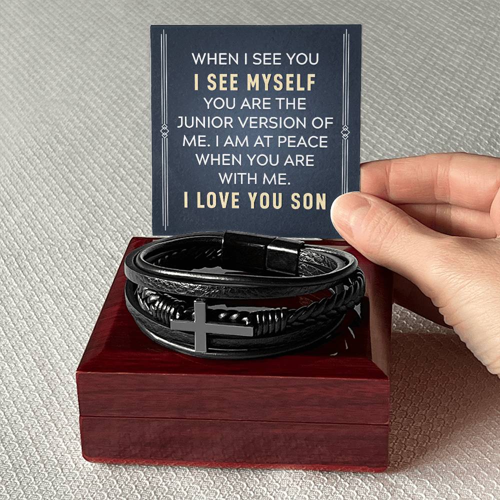 Men's Cross Leather Bracelet, To my son-When I see you