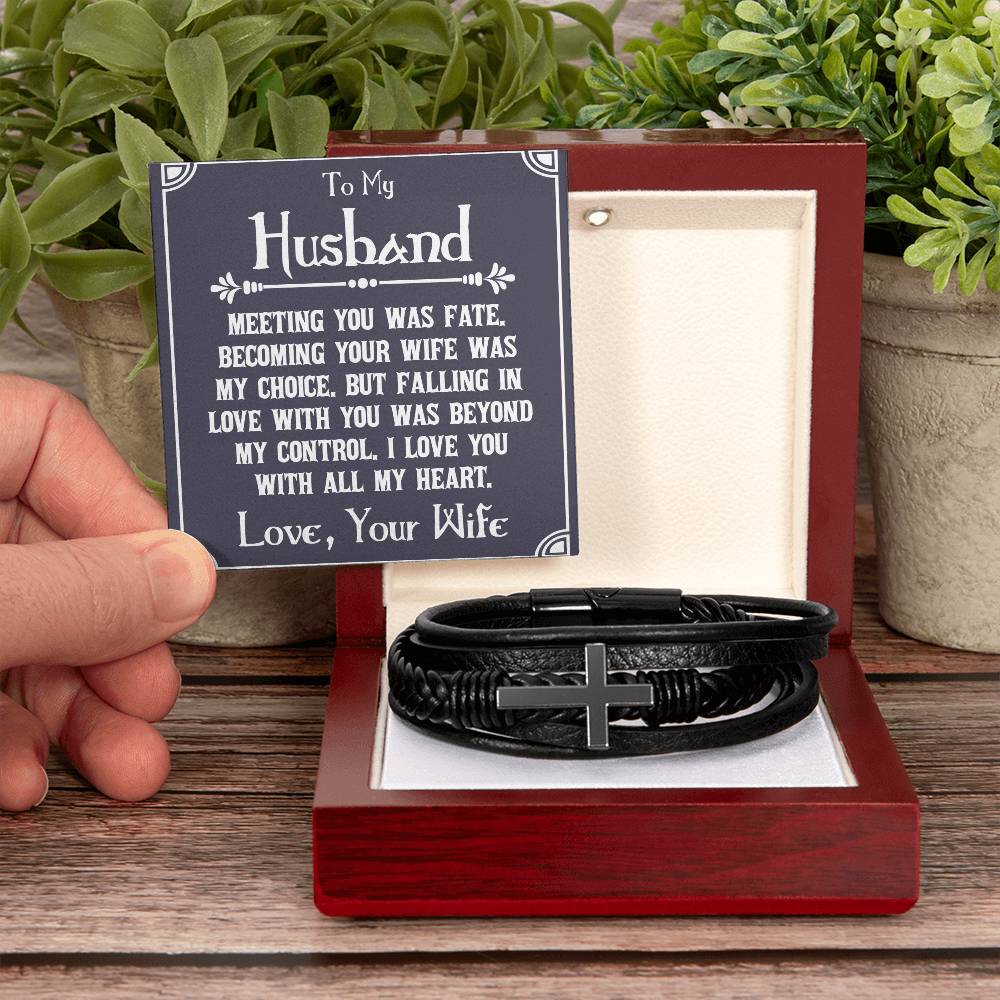 Men's Cross Leather Bracelet, To My Husband - Meeting you was fate