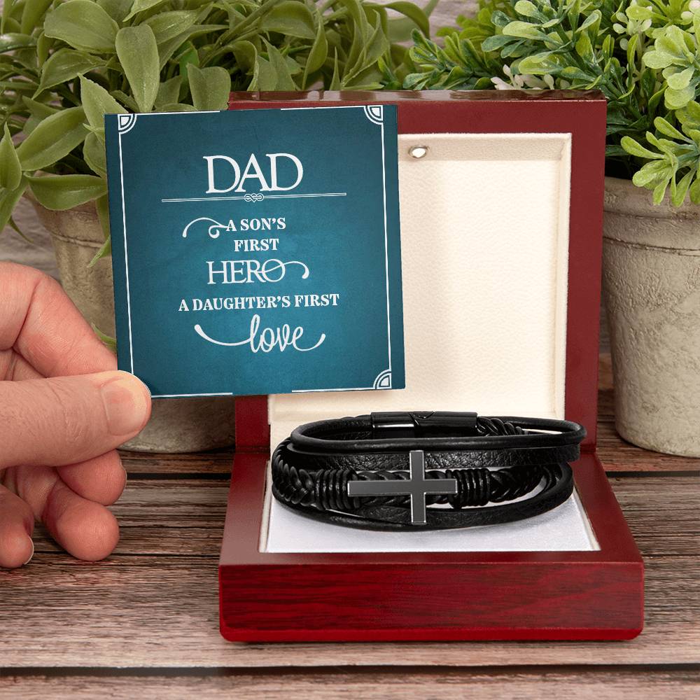 Men's Cross Leather Bracelet, Dad a sons first Hero