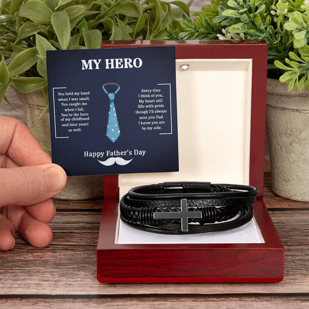 Men's Cross Leather Bracelet, Dad my Hero