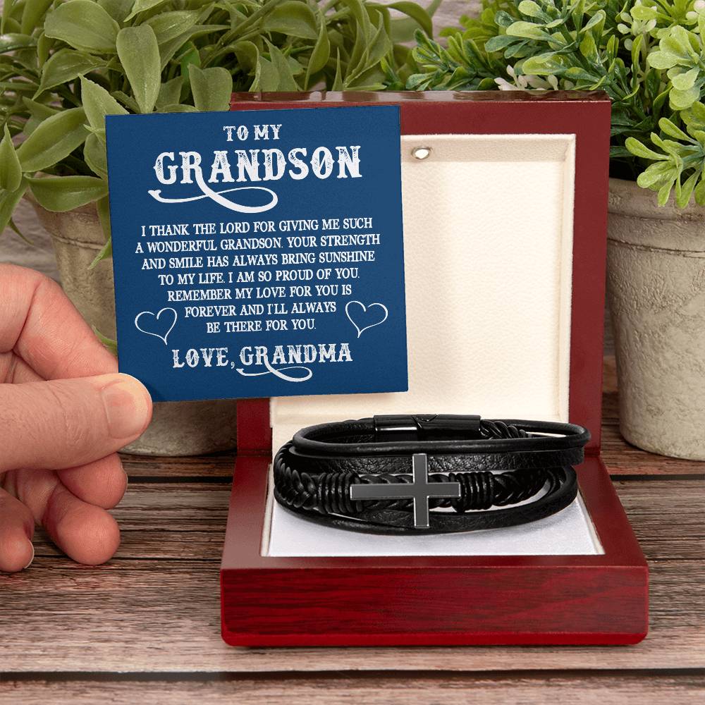 Men's Cross Leather Bracelet, To My Grandson - I thank The LORD for giving me such