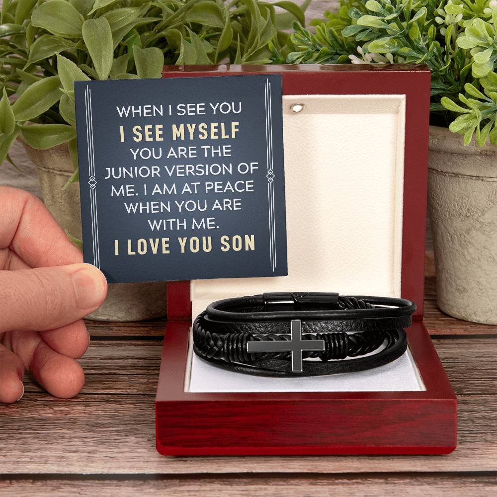 Men's Cross Leather Bracelet, To my son-When I see you