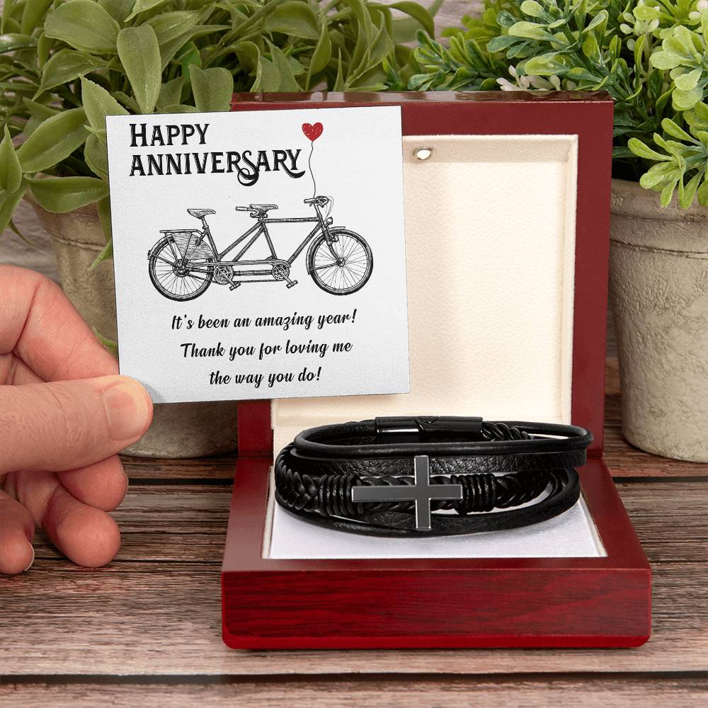 Men's Cross Leather Bracelet, Happy Anniversary