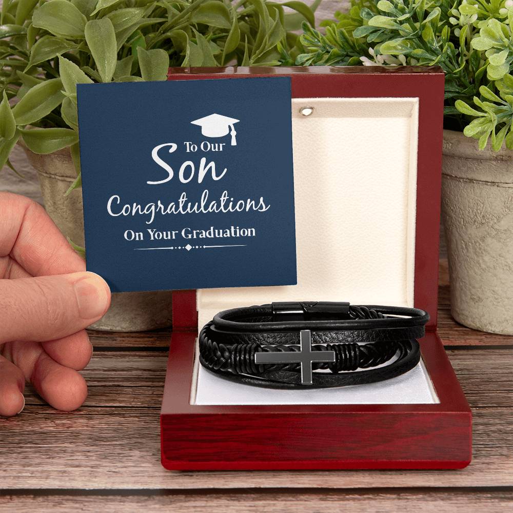 Men's Cross Leather Bracelet, To our son congratulations on your graduation