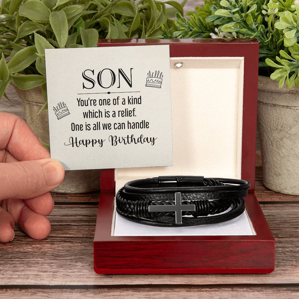 Men's Cross Leather Bracelet, Son - you're one of a kind