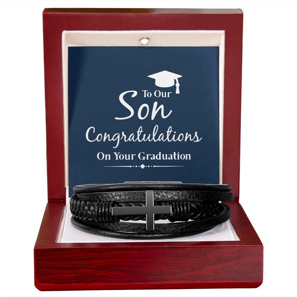 Men's Cross Leather Bracelet, To our son congratulations on your graduation