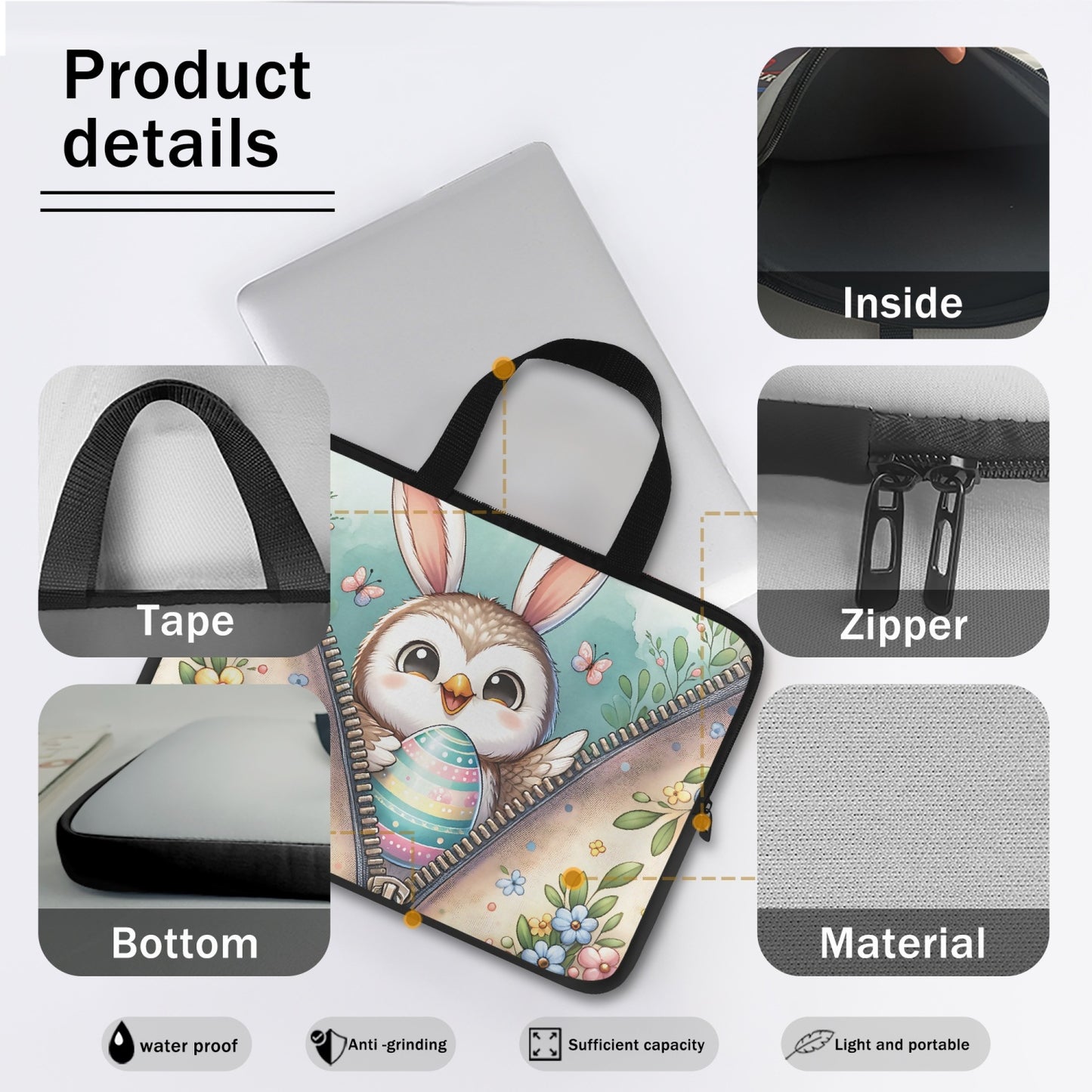 Laptop Sleeve - with handles - Easter - Owl with Bunny Ears