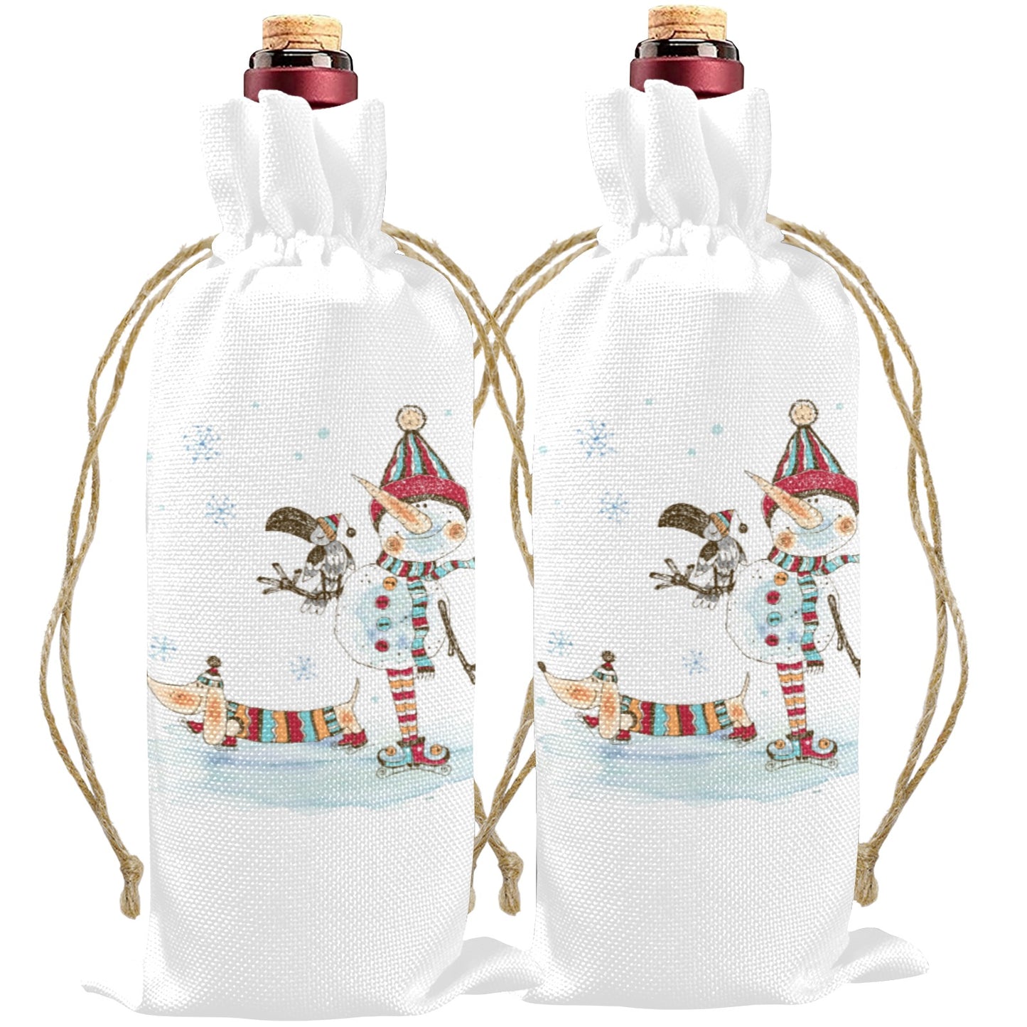 Whimsical Snowman and Dashund Linen Wine Bottle Bag