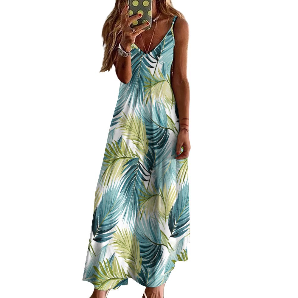 Palm Leaves Blue and Green Spaghetti Strap Ankle-Length Dress Long dress