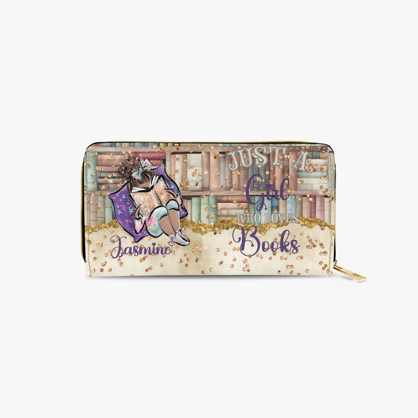 Long Type Zipper Purse, Just a Girl Who Loves Books, Brunette Hair Olive Skin