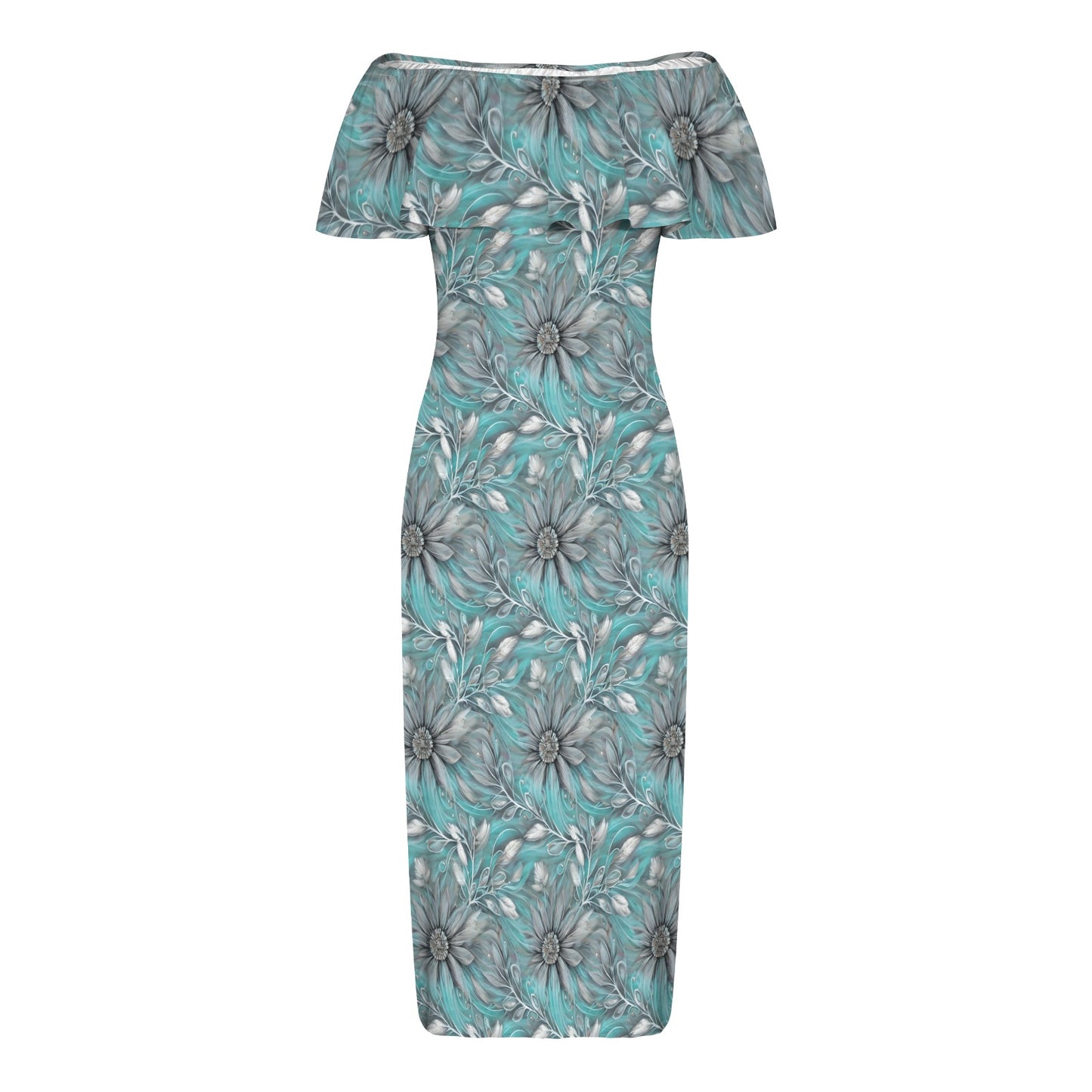 Green Elegant Floral Women's Off Shoulder Ruffle Boat Neck Dress (Model D71)