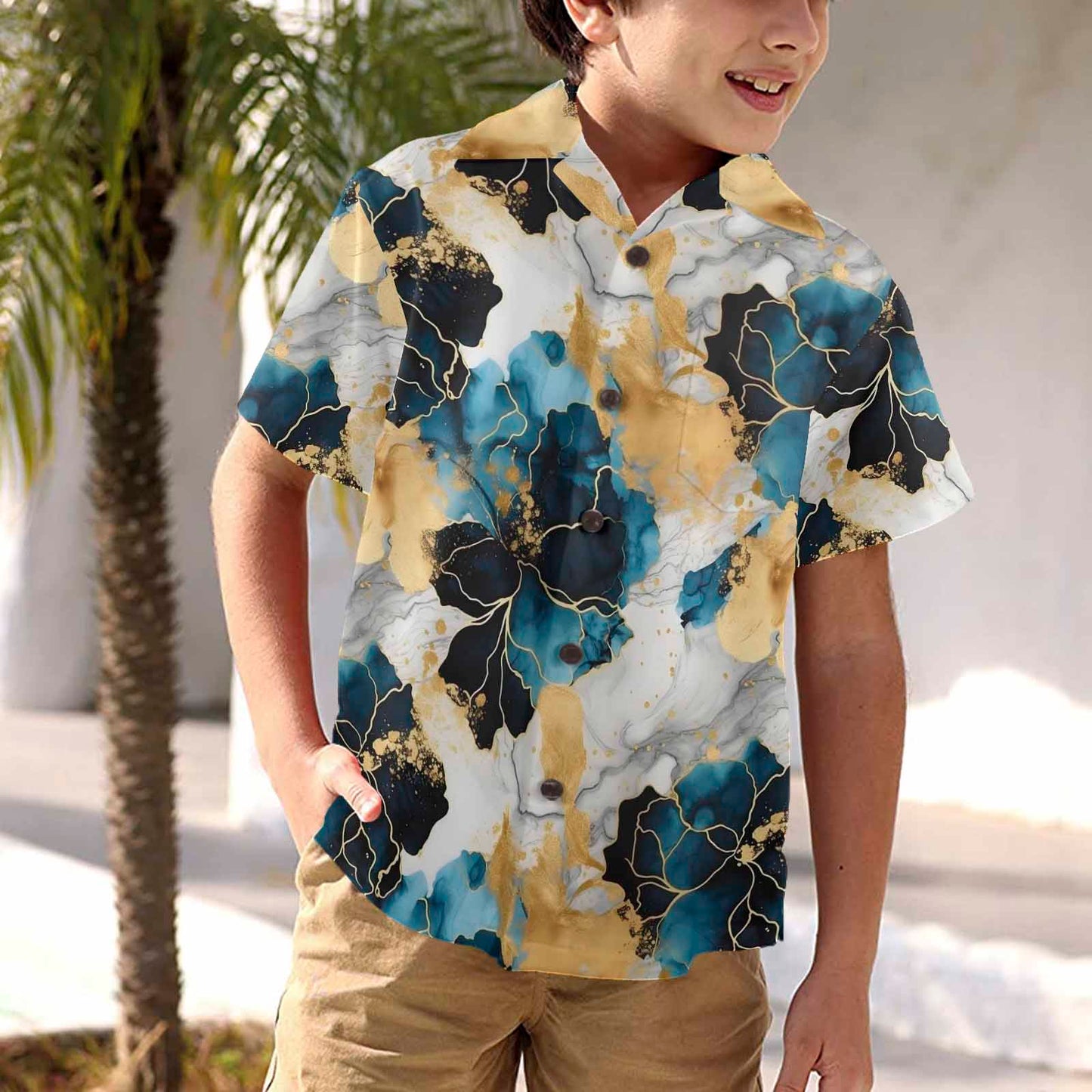 Blue Ink Floral  Little Boys Hawaiian Shirt