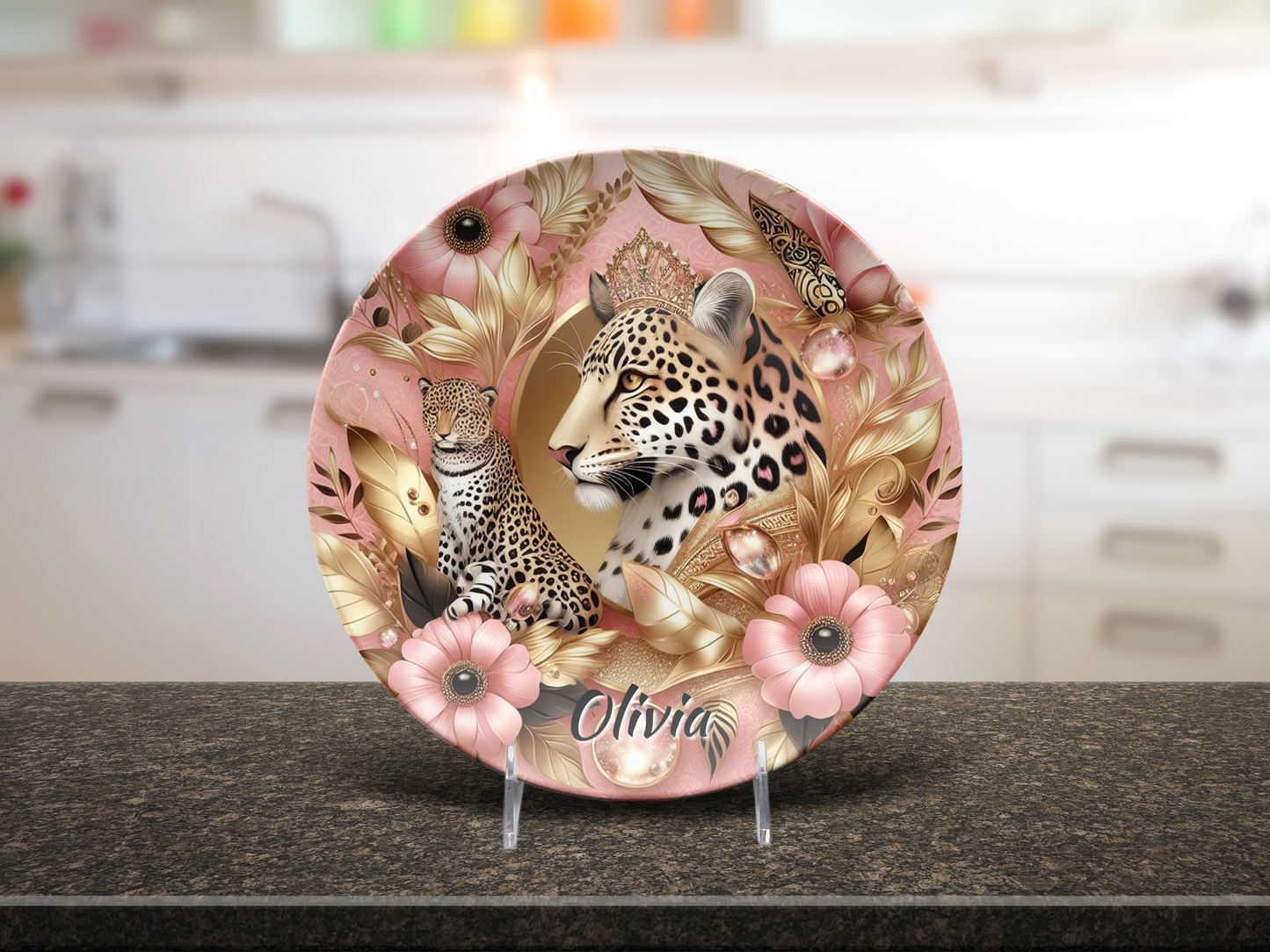 Personalised Pink and Gold Leopard Print Plate/Platter